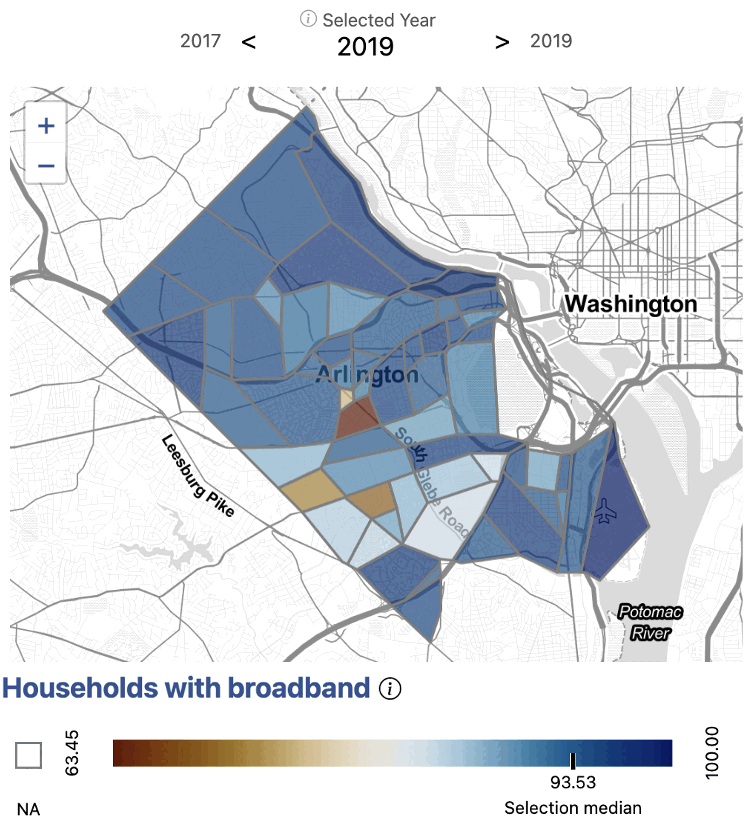 Households with broadband by block group in Arlington County