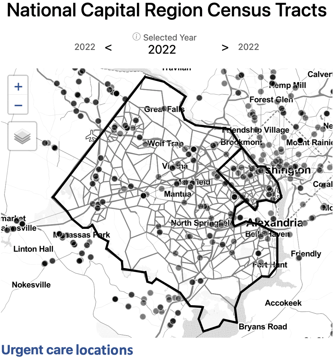 Count of urgent care facilities by tract in Arlington and Fairfax Counties